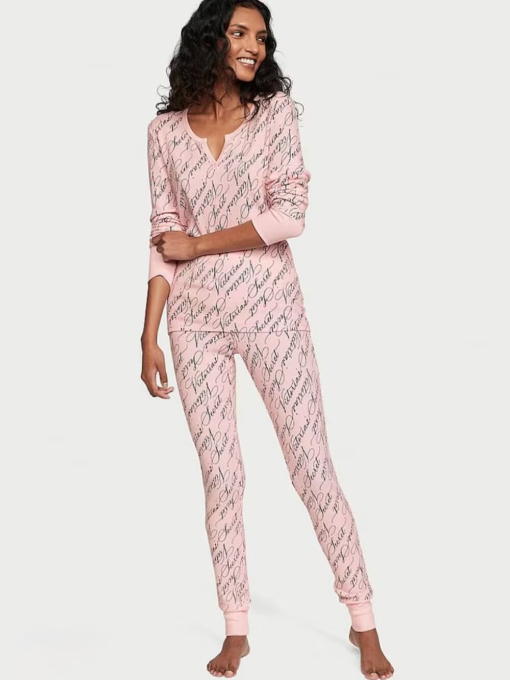 NWOT-Victoria Secret Pretty Blossom Pink Logo Script Thermal Long Sleeve PJ Set